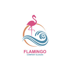 Fototapeta premium pink flamingo emblem with sun and waves