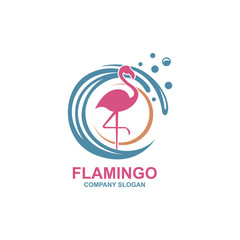 Fototapeta premium pink flamingo emblem with sun and waves