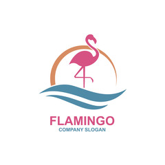 pink flamingo emblem with sun and waves - obrazy, fototapety, plakaty