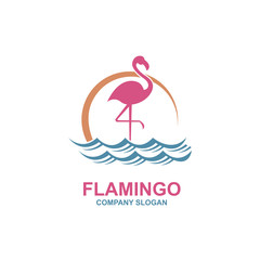 Fototapeta premium pink flamingo emblem with sun and waves