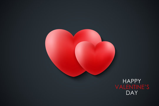 Happy Valentine's Day celebrate banner with red realistic hearts on black background. 14 february holiday greetings. Vector Illustration.