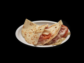 culatello ham, cheese and tomato piadina