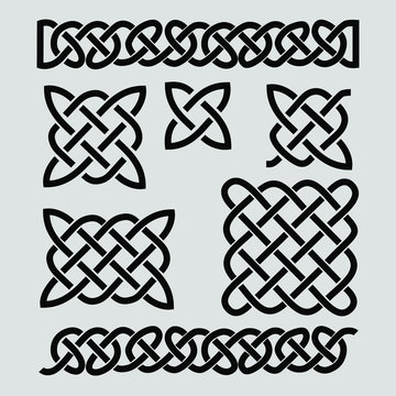 Set of celtic patterns and celtic elements. Vector illustration, black, infinite.