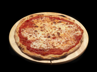margherita pizza on a wood dish