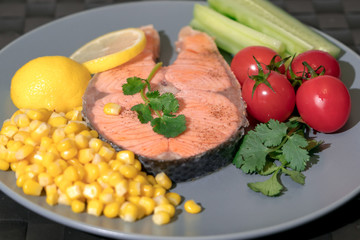 grilled fish salmon fillet with fresh vegetable, food and vegetable concept