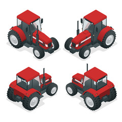 Isometric Tractor works in a field. Agriculture machinery. Plowing in the field. Heavy agricultural machinery for fieldwork. Vector illustration. © Golden Sikorka