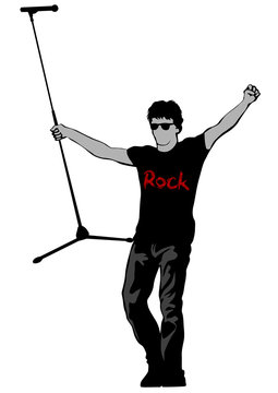Singer with  microphone in rock style on white background