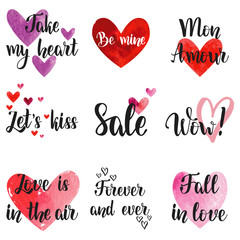 Happy Valentine's day watercolor hearts set, lettering confessions of Love.