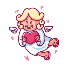 Cute cupid baby character with wings and heart. Romantic hand drawn love illustration art in cartoon for valentine day, for print, greeting card, poster