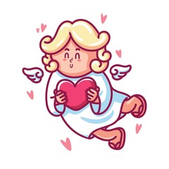 Cute cupid baby character with wings and heart. Romantic hand drawn love illustration art in cartoon for valentine day, for print, greeting card, poster