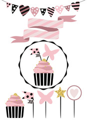 Celebratory cake with set of decoration, toppers, candles and garlands