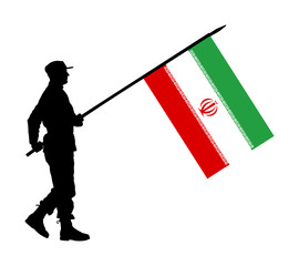 Iranian soldier with flag vector silhouette illustration. Ceremonial day of independence. Memorial army saluting, national veteran day. Battle for freedom ceremony. Military walk for Iran liberty.