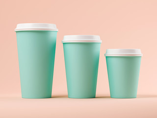 Blue coffee cups on pink background 3D illustration