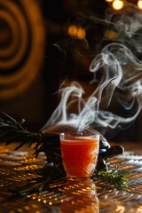 An underexposed vertical image of an orange shot drink, decorated with fuming rosemary. Turtle...