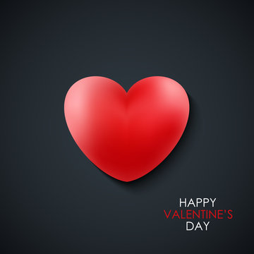 Happy Valentine's Day greeting card with red realistic heart on black background. 14 february holiday greetings. Vector Illustration.