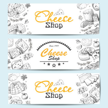 Horizontal banners with a variety of cheeses