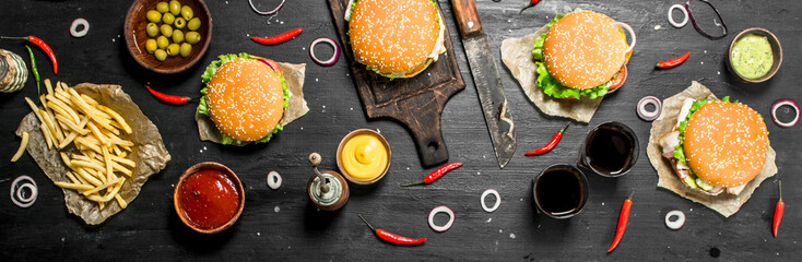 Street food. Fresh burgers with beef and vegetables.