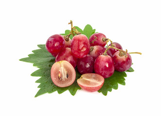 Red grape with leaf isolated on white background