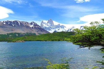 Fitz Roy mountain view with laguna Capri, beautiful landscape from Chalten, Patagonia, Argentina