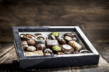 Chocolate candies in a box.