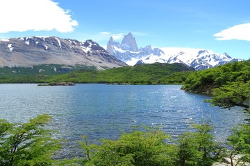 Fitz Roy snowed mountain landscape from Laguna Capri, Chalten, Patagonia, Argentina