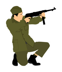 Red army soldier vector. American soldier with rifle. Partisan against Nazi Germany in WW2. Fierce struggle in occupied Europe. Soviet troops against aggressors in battle.