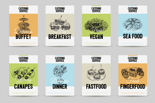 Beautiful vector hand drawn catering service food card set.