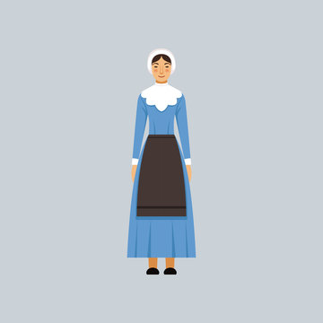 Mennonite or amich woman in traditional blue dress, representative of religious confession vector Illustration