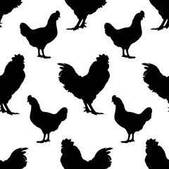 Rooster and chicken. Black silhouette isolated on white background. Vector seamless pattern with poultry birds