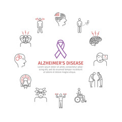 Alzheimer's disease and dementia. Symptoms, Treatment. Line icons set. Vector signs.