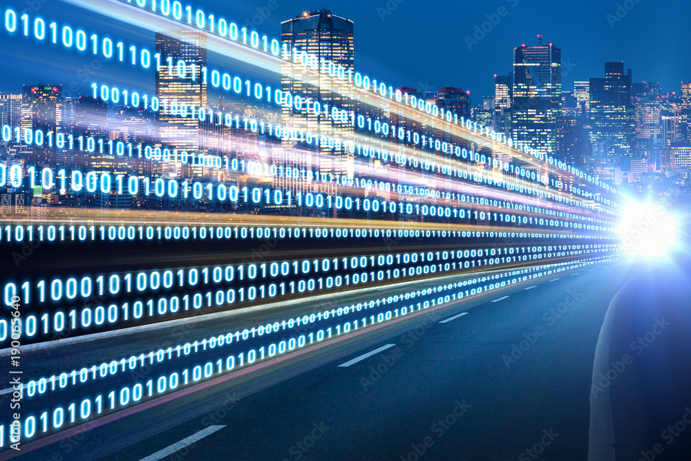 Aufkleber digital signals flying over highway. digital transformation. internet of things.