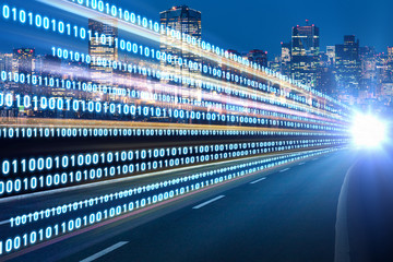 Digital signals flying over highway. Digital transformation. Internet of Things.