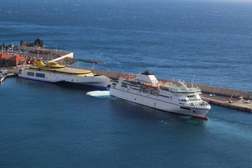 Aerial view on two Atlantic ocean island ferries in seaport, San Sebastian, La Gomera