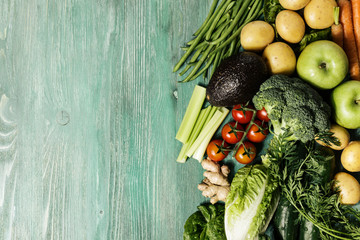 Fresh vegetables and fruits on table