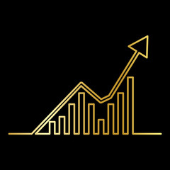 Continuous Gold  line drawing of graph icon isolated on black background. Growing chart image with arrow up. Vector illustration for banner, template, poster, postcard, web, app, infographics.