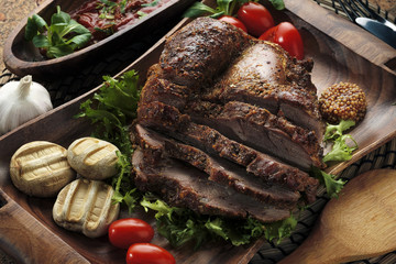 Assorted delicious grilled meat with vegetable over the coals on a barbecue