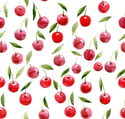 Seamless pattern of watercolor cherries