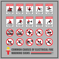 Set of safety warning signs and symbols for causes of common electrical fires, Signs for warning messages of using electrical equipment safely.