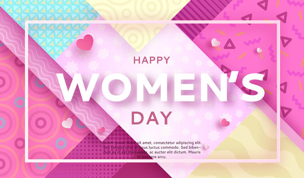 Trendy geometric women s day banner, 8 march poster in modern 90s - 80s memphis style with paper art or origami elements, patterns, silhouettes, colorful vector illustration, fashion background