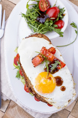 Toast from a grain bread with cheese and tomatoes. Vegetarian food. Useful breakfast. Free space for writing text.
