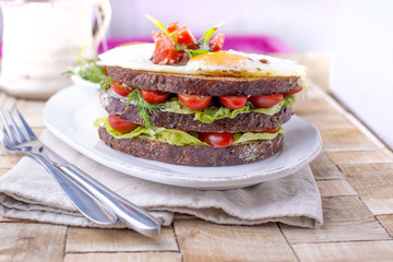 Toast from a grain bread with cheese and tomatoes and egg. Vegetarian food. on a white plate and a wooden background. Useful breakfast. Free space for writing text.