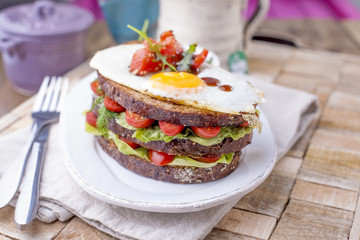 Toast from a grain bread with cheese and tomatoes and egg. Vegetarian food. on a white plate and a wooden background. Useful breakfast. Free space for writing text.