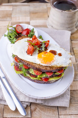 Toast from a grain bread with cheese and tomatoes and egg. Vegetarian food. on a white plate and a wooden background. Useful breakfast. Free space for writing text.