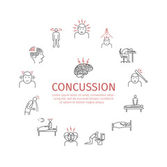 Fototapeta na wymiar Concussion. Symptoms, Treatment. Line icons set. Vector signs for web graphics.