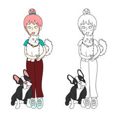 Cute Girl Bun Hair with Cat and Dog