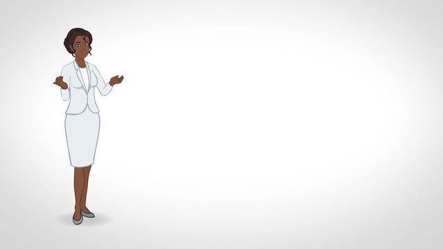Animated Character Secretary or Teacher (dark complexion) stands in full growth and says, white background, with alpha matte, seamless loop