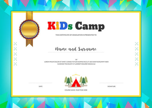 Kids Summer Camp Diploma or certificate template with colorful background