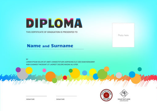 Kids Summer Camp Diploma or certificate template award ribbon and photo affix space