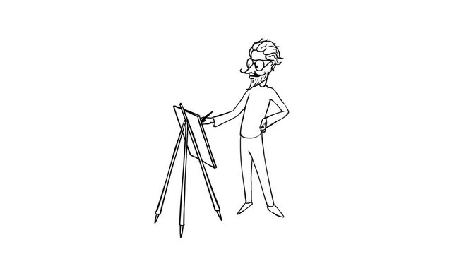 2D Cartoon character crazy artist painting a picture. Animation looped.