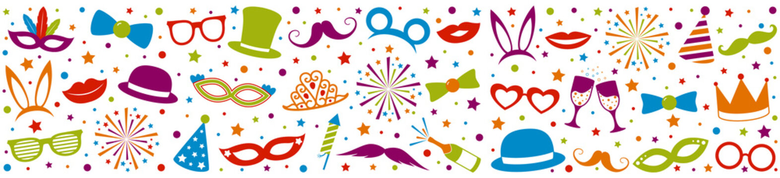 Colorful banner with party decorations. Carnival, photo booth and birthday party. Vector.